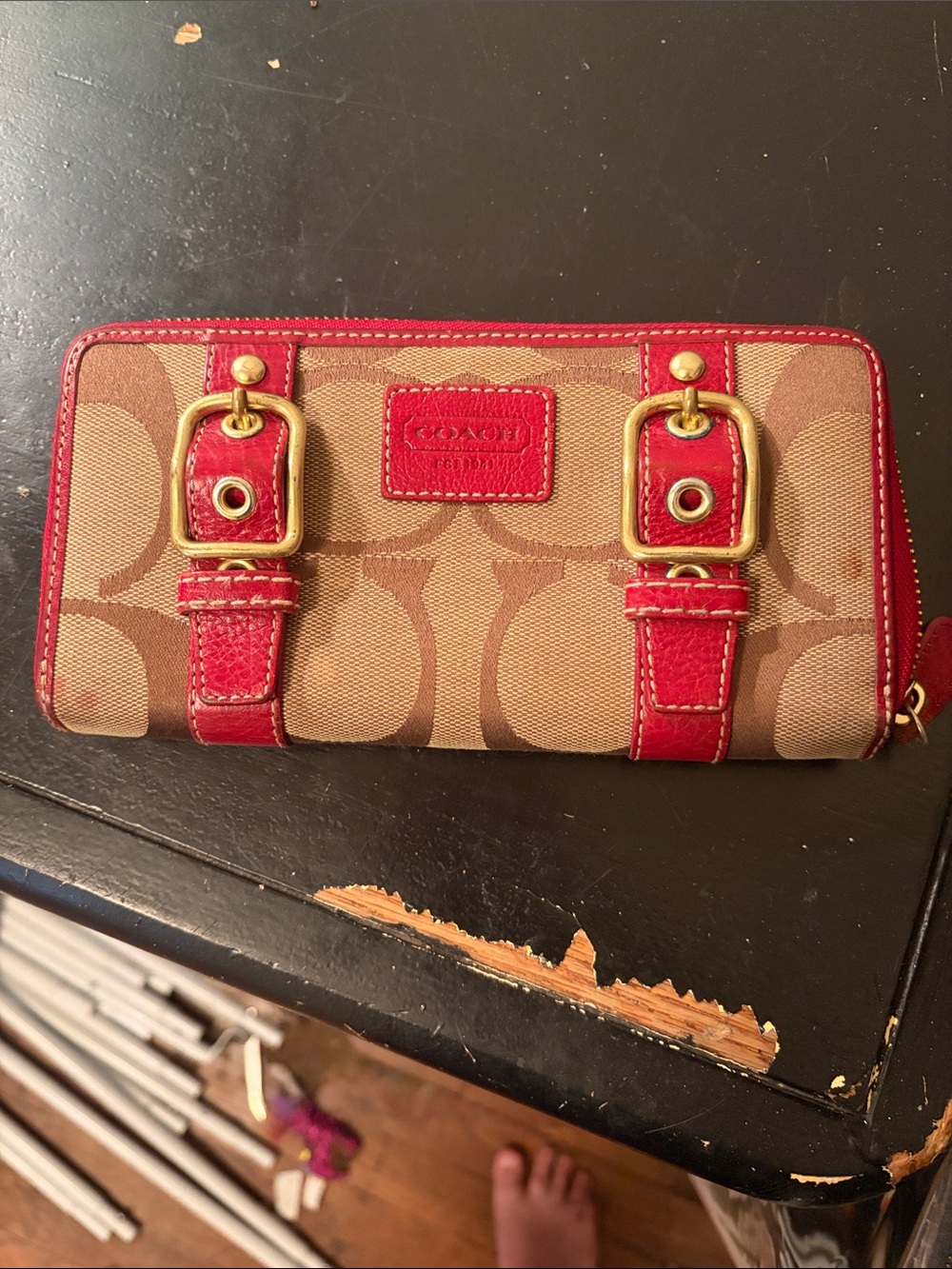 Coach Brown Signature Canvas Wallet with Red Leather Accents